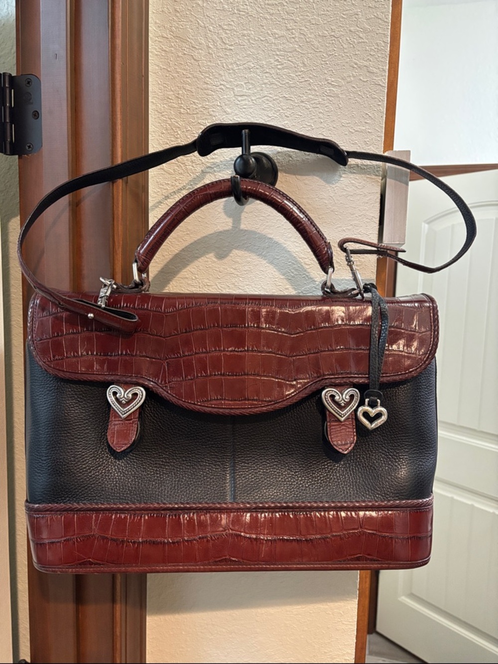 Brighton Black and Brown Croc-Accent Vintage Caroline Briefcase Laptop Bag